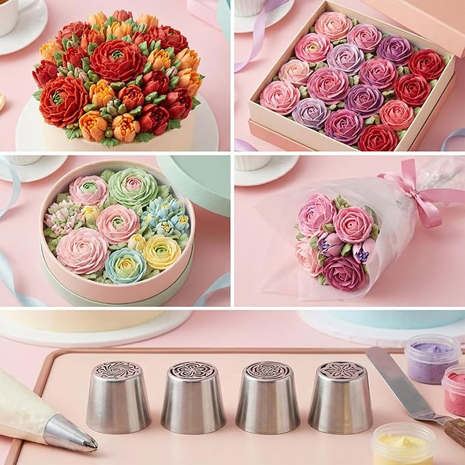 4 PCS Russian Piping Tips Set, Stainless Steel Extra Large Russian Piping Tip 3D Flower Tips for Cake Decorating, Flower Shaped Frosting Nozzle Kit for Wedding Birthday Cakes Cupcakes Cookies Baker