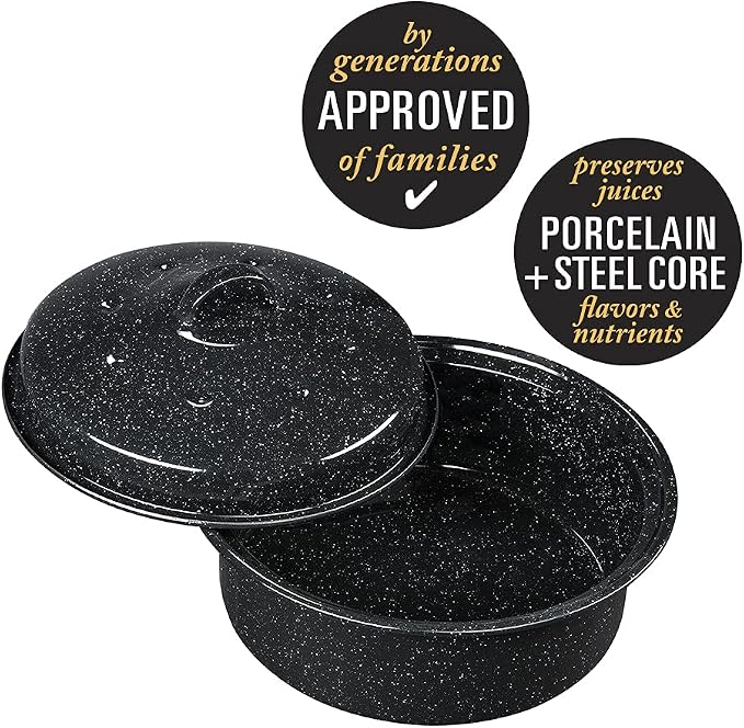 Granite Ware 8.7-Inch Small Covered Round Roaster, 3Lb Capacity – Mini Roaster Enamel Steel Cookware, Dishwasher Safe & PFOA-Free, Even Heat Distribution for Poultry, Meat, Vegetables (Speckled Black)