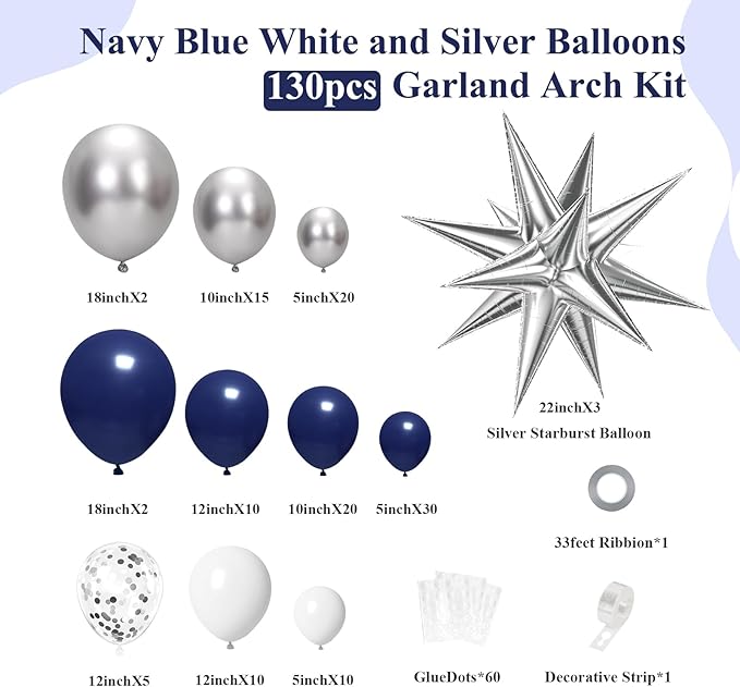 130pcs Navy Blue and Silver Balloon Garland Arch Kit with 3pcs Silver Star Balloons, Royal Blue Metallic Silver White Balloons for Birthday Baby Shower Wedding Graduation Party Decorations