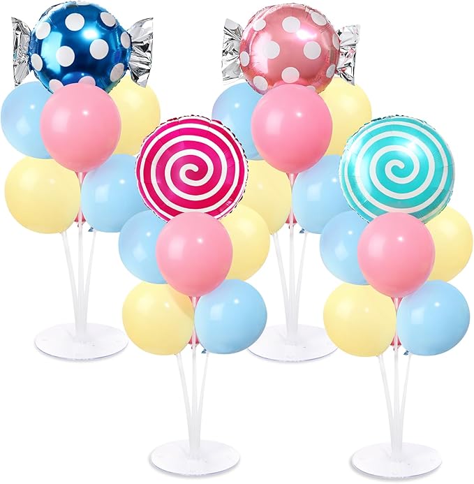 4 Sets Pastel Sweet Candy Theme Party Balloons Stand Kit with Lollipop Candies Foil Balloons Party Balloon Centerpiece for Tables for Candy World Birthday Party Candies Themed Decoration