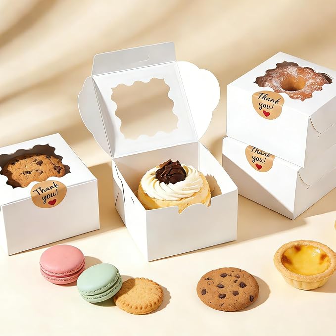 32Pcs Cookie Boxes with Window, 6×6×3 Inches White Paper Treat Boxes for Bakery Dessert Pastry Mini Cake Chocolate Candy Favor Donut Baked Goods (with Stickers)