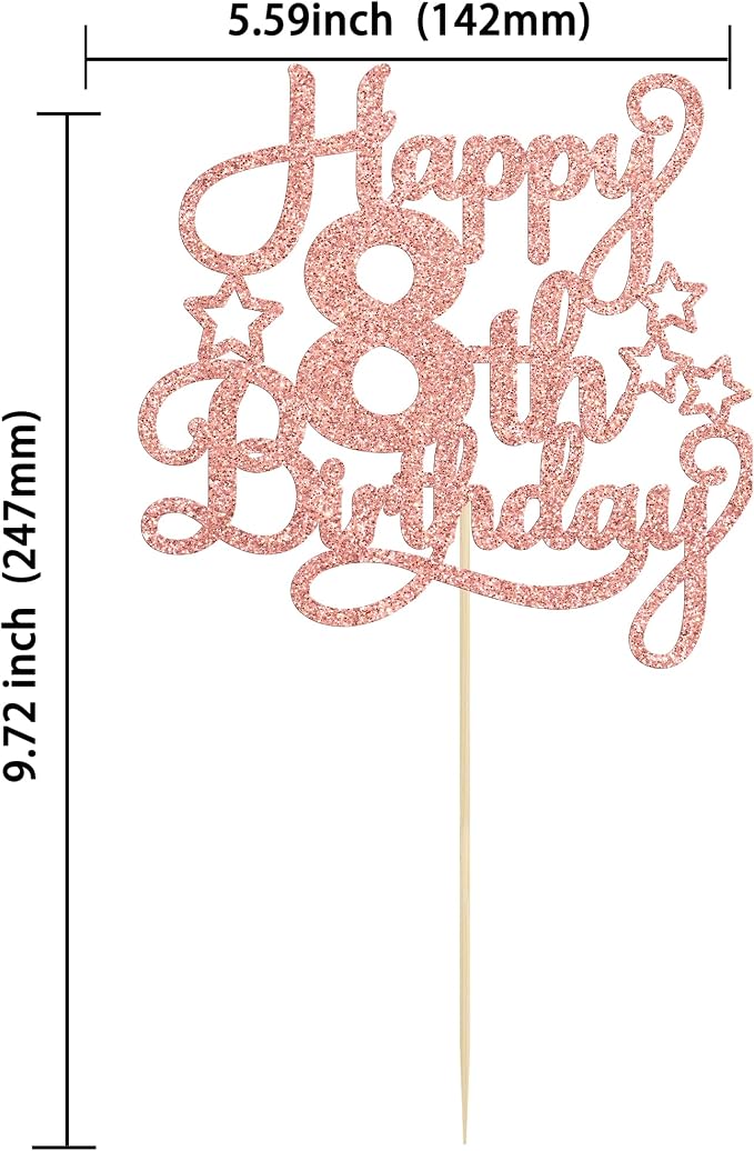 1 Pack Happy 8th Birthday Cake Topper Rose Gold Glitter 8th Birthday Cheers to 8 Years Old Birthday Cake Pick for Celebrating Anniversary Party Cake Decorations Supplies
