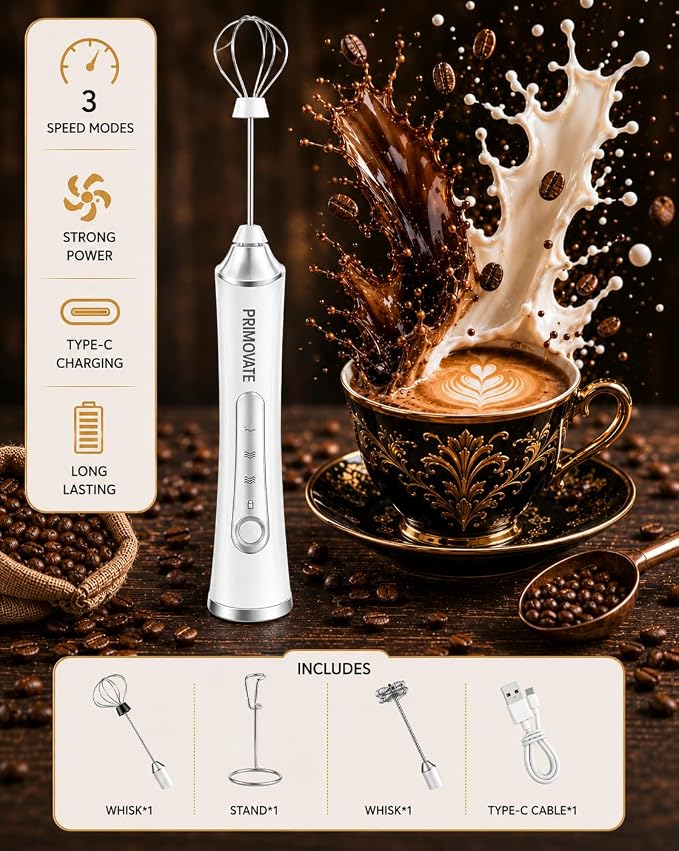 Rechargeable Milk Frother Handheld, Electric Coffee Frother with 2 Whisk, 3-Speed Powerful Drink Mixer, USB-C, Milk Foamer for Coffee,Latte,Cappuccino,Matcha & HotChocolate(White + Stand)