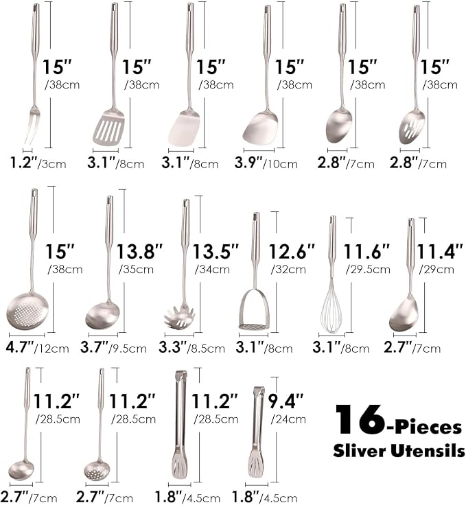 18/10 Stainless Steel Cooking Utensils Set - 16 PCS All Metal Small & Large Kitchen Spoons, Serving Utensils - Whisk, Masher, Fork, Tongs, Solid/Slotted Spoon, Spatula, Turner, Ladle, Skimmer, Pasta