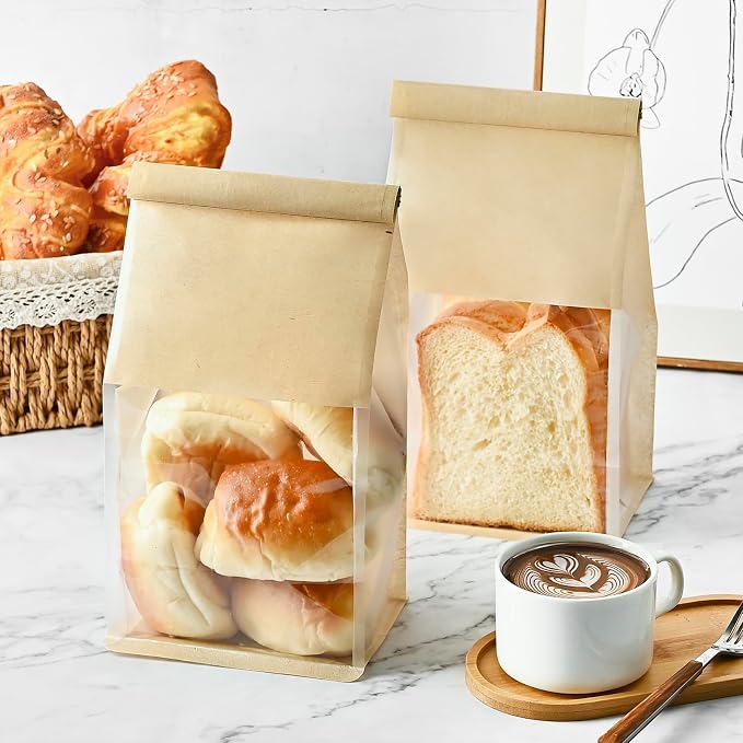 Ohuimrt Bread Bags for Homemade Breads, 50 PCS, 11 x 5.1 x 3.9 Inches | Tin Tie Tab Lock, Window, Bakery Bags, for Pastry Bagel Cookie Packaging