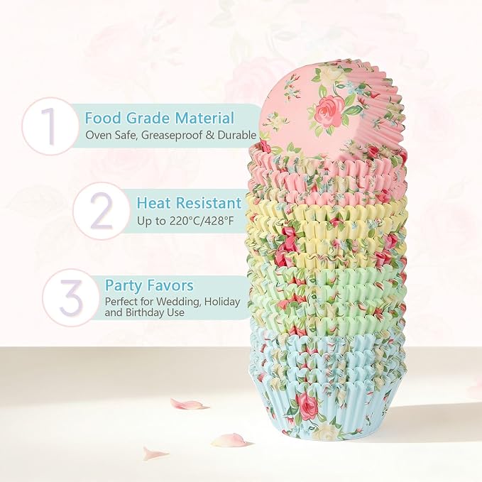 Standard Cupcake Liners 100 Pack, Colorful Paper Baking Cups Food Grade Disposable Cupcake Wrappers Floral Muffin Liners for Birthday Tea Themed Party Decor (Floral-3)