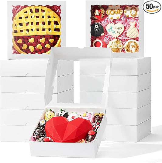 50PCS White Bakery Boxes with Window, 9x9x2.5 Inch Gift-Ready Pastry Box for Chocolate Strawberries, Macarons, Truffles, Ores, Cookies, Donuts, Perfect for Different Holiday Celebrate