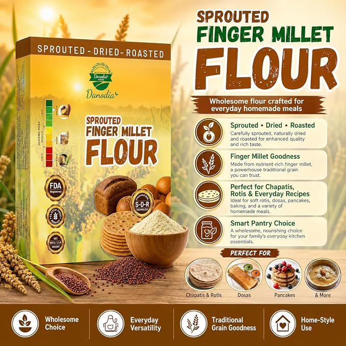 Danodia Foods Organic Finger Millet Flour 2lbs | Gluten Free, Low GI, Sprouted, Roasted & Ground Millet Flour for Flatbread, Pancakes & Baking, Cookies, Pizza Base