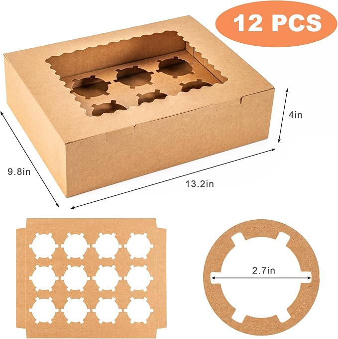 Hoewina 12PCS Cupcake Boxes - Hold 12 Count Cupcake Containers with Window, Food Grade Cupcake Holder Easy Transport and Presentation - Ideal for Cupcakes, Desserts, and More (Brown)