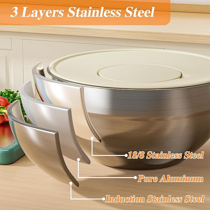 Mixing Bowls with Lids Set, 6 PCS Stainless Steel Mixing Bowls with 3 Grater Attachments, Kitchen Food Storage Organizers Nesting Mixing Bowl, Large Size 4.5, 3.5, 2.1, 1.5, 1.1, 0.7QT