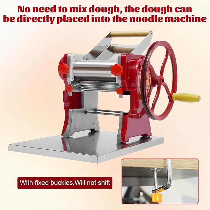 Commercial Pasta Maker, Stainless Steel Manual Pasta Machine with Adjustable Thickness Settings, Angel Hair Ravioli Noodle Cutter,Dough, Wide Noodles, Fine Noodles, Lasagna or Dumpling Skins