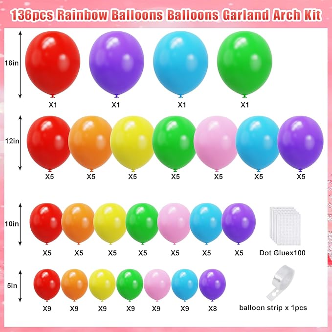YMSZ Rainbow Colorful Balloons Arch Kit, 136pcs Red Blue Green Yellow Party Balloons with Different Size for Birthday, Baby Shower, Anniversary Party Decorations