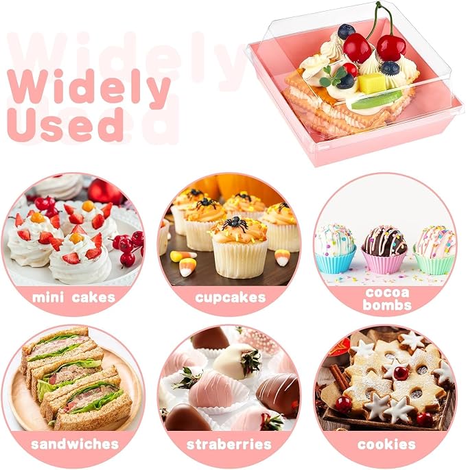 Kucoele Charcuterie Boxes with Clear Lids, 4 Inches, 100 Pack, Pink | Disposable, Paper, Food Containers, For Sandwich, Cookie, Dessert, Cupcake, Chocolate Covered Strawberry