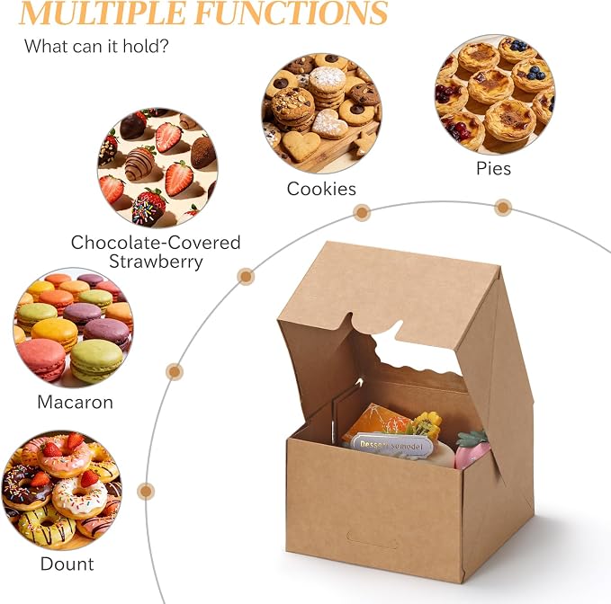 COTOPHER Auto Pop Up Cookie Box with Window 4x4x2.5 Inches – 50 Pack Brown Bakery Boxes with Ribbon for Birthday Party Favors, Wedding, Christmas Gift Packaging for Cookies, Candy, Macarons