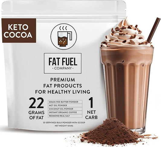 Fat Fuel Keto Cocoa 22g Premium Fats - with Grass Fed Butter, MCT Oil, Coconut & Redmond Real Salt - Instant Organic Cocoa, One Net Carb, A True Meal Replacement - 30 Bulk Powder Servings