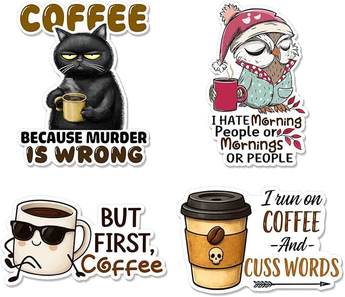 (4 Pcs) Coffee Stickers - Funny Coffee Stickers for Water Bottles, Cars, Laptop, Scrapbook - Coffee Sticker for Coffee Lovers, Espresso Lovers, Women, Men