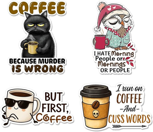 (4 Pcs) Coffee Stickers - Funny Coffee Stickers for Water Bottles, Cars, Laptop, Scrapbook - Coffee Sticker for Coffee Lovers, Espresso Lovers, Women, Men