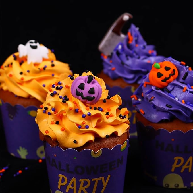 Edible Halloween Cake Decorations, 27 Count Royal Icing Toppers for Cakes, Cookies, Cupcakes - Pumpkin, Ghost, Witch Hat, Knife, Axe Icing Decoration - Spooky Baking Supplies for Halloween Party