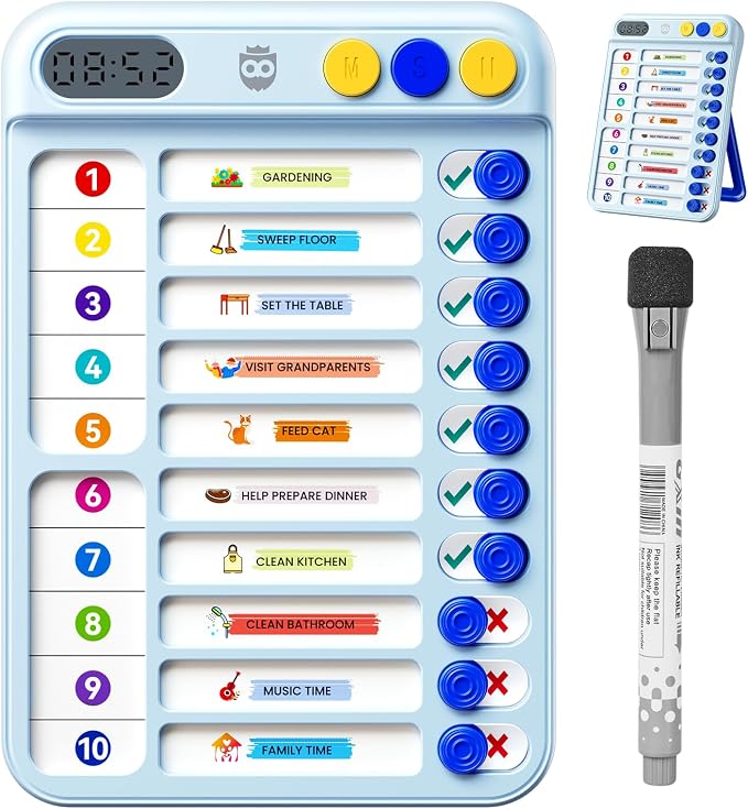 Magnetic Chore Chart for Kids with Timer, Visual Schedule for Kids, ADHD Tools to Do List, Checklist with 99-Min Countup/Countdown Chore Board with Sliders & Dry-Erase Sheets (Blue)