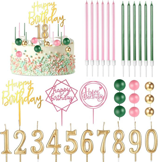 Yerliker 34 Pcs Happy Birthday Cake Toppers Decorations Birthday Candles DIY Cake Decor for Men Women Wedding Anniversary(Gold Green Pink)