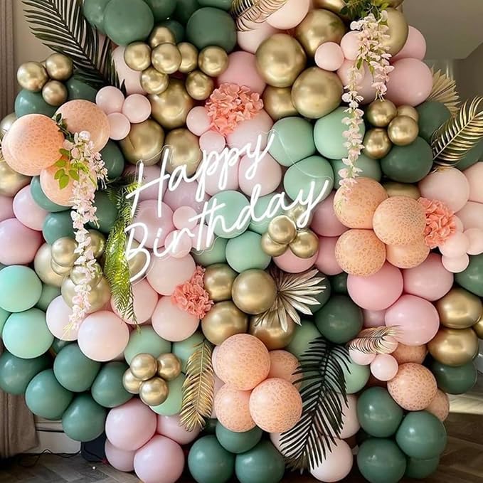 PartyWoo Pink and Green Balloon Arch Kit Garland 140pcs Different Sizes of 18 12 10 5 Inch Metallic Gold Baby Pink Sage Green Sand White Nude Gold Confetti Balloons for Birthday Party Decorations