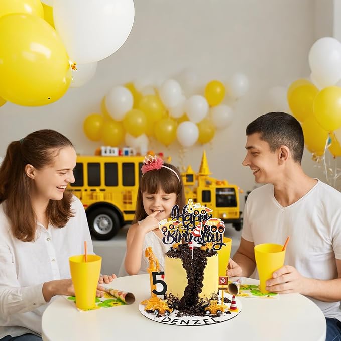 Construction Theme Happy Birthday Cake Topper Glitter Construction Cake Pick Dump Truck Excavator Tractor Cake Decorations Vehicles Cake Topper for Kids Birthday Baby Shower Party