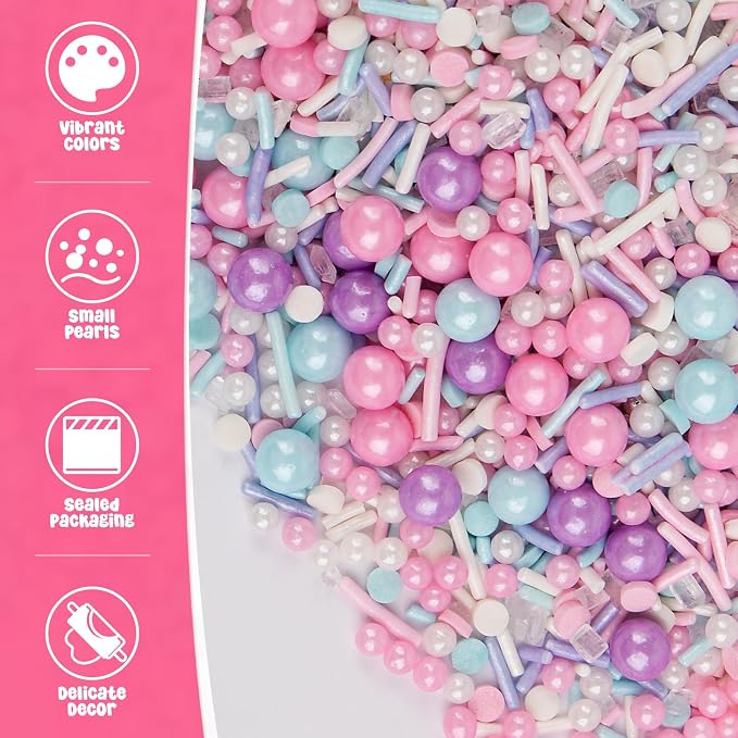 Sprinkles for Cake Decorating, 5.3Oz Pink Purple Blue and White Pearl Confetti Jimmies Mix Pastel Sprinkles for Cake Ice Cream Cupcakes Baking Topping