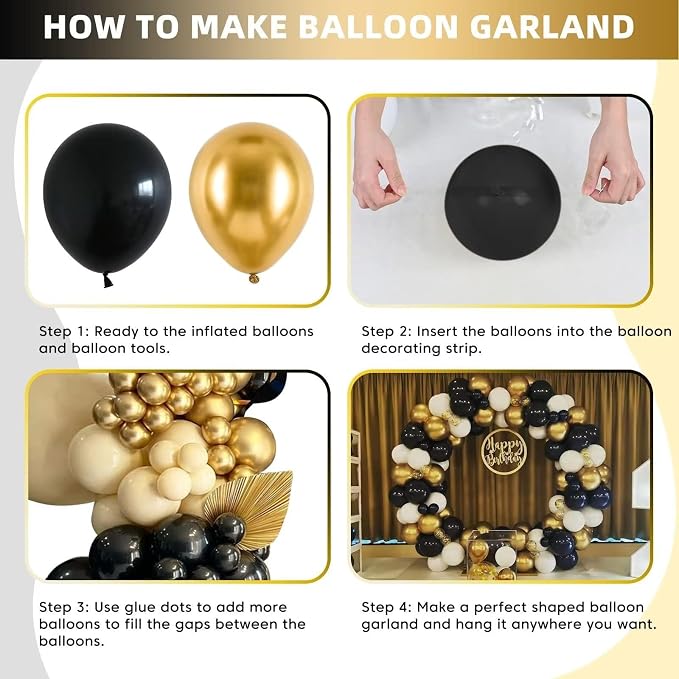 Black and Gold Balloon Garland Kit, Metallic Gold and Black Balloon Arch Kit, Black and Gold Balloons Different Sizes 18/12/10/5 inch for Graduation Birthday Anniversary Bachelorette Party Decorations