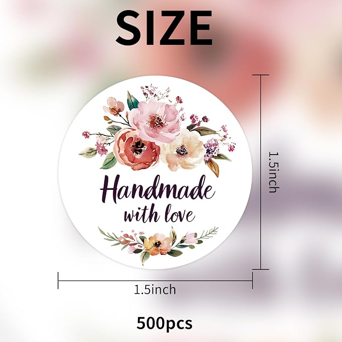 Floral Handmade with Love Stickers Roll, 1.5 inch 500 PCS Flower Homemade with Love Stickers for Handmade Baked Goods, Crafts, Gifts Package, Small Businesses