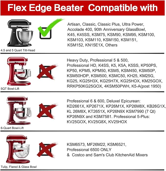 Flex Edge Beater for KitchenAid Tilt-Head Stand Mixer | 4.5-5 Quart Flat Beater Paddle with Flexible Silicone Edges Bowl Scraper, Grey