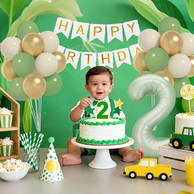 Sage 2nd Birthday Decorations For Boy -12 Inch Sage Balloons, 40 Inch 2 Balloon,, Happy Birthday Banner for Two Year Old BD Party Decorations
