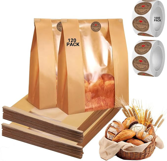 Sourdough Bread Bags with Tin Tie Lock - 120 Pack 13.8x3.5x8.2 Inch Paper Bread Bags for Homemade Bread Cookie Bags with Clear Window 1000 Labels Bakery Bags for Bread Storage Baked Goods Packaging
