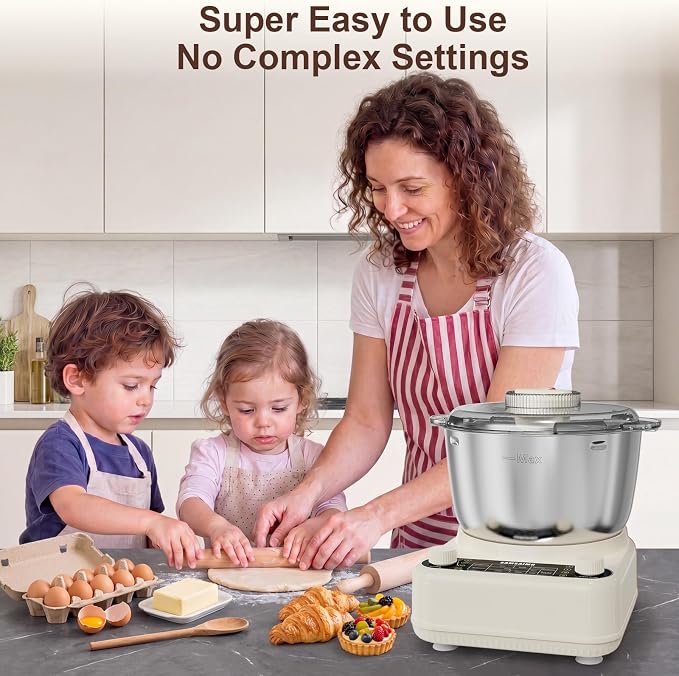 Electric Dough Maker with Ferment Function, 6.5QT Stand Dough Mixer, Dough Kneading Machine with 304 Stainless Steel Bowl, Removable Lid & Knob Control, Ideal for Bread, Pizza, Pasta - Almond Cream