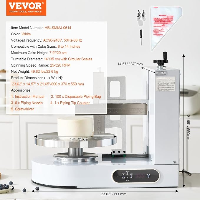VEVOR Cake Decorating Machine, Cake Cream Spreading Coating Smearing Machine, Low Noise Cake Frosting Machine, Turntable with Adjustable Scraper, for 6" to 14" Cake, 25-320RPM Rotating Speed, White