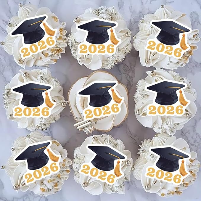 42pcs Edible Graduation Cap Cupcake Toppers Wafer Paper Gold Class of 2026 Cake Decorations Edible Grad Cap Cupcake Picks for 2026 Graduation Theme Party Cake Decor Supplies