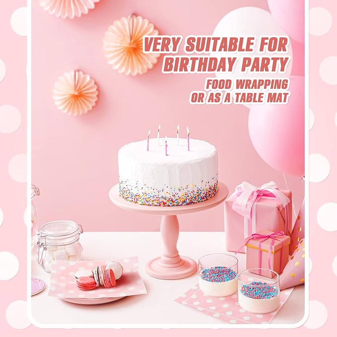 Gersoniel 150pcs Wax Paper Sheet for Food Dot Printed Bakery Tissue Greaseproof Disposable Wrapping Paper for Sandwich Food Picnic Baskets Liner Wedding Birthday Party Supplies(Pink,9.84x8.27'')