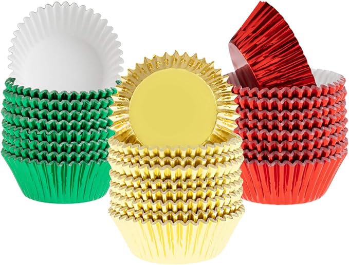 Whaline 300Pcs Foil Metallic Cupcake Liner Baking Cups, Muffin Tins Treat Cups Foil Metallic Cupcake Liners for Christmas Party, Weddings, Birthdays, Baby Showers, Standard Size (Red, Green, Gold)