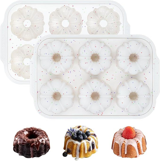 FUNBAKY 3 Inch Mini Fluted Tube Cake Pans for Baking with Metal Reinforced Frame, 2Pcs Silicone 6-Cavity Mini Flan Molds, Nonstick Baking Mold for Cupcake, Brownie, Donuts, Cornbread, Jello