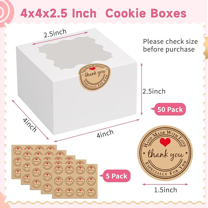 LTWQLing 50pcs White Cookie Boxes,4x4x2.5 Inches Bakery Boxes with Window,with Stickers, for Mini Cake Treat Dessert Pastry Donuts Macaroon Strawberries Chocolate Candy