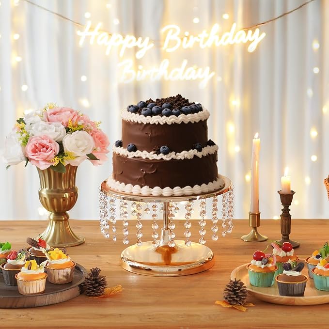 2 Pcs Gold Metal Mirror Cake Stand Set with Crystal Pendants - 11.8"W Elegant Dessert Table Display for Weddings, Birthday Parties, Baby Showers, Events - Sturdy Crystal Bling Cupcake Stands for Pastries, Sweets, Decorations