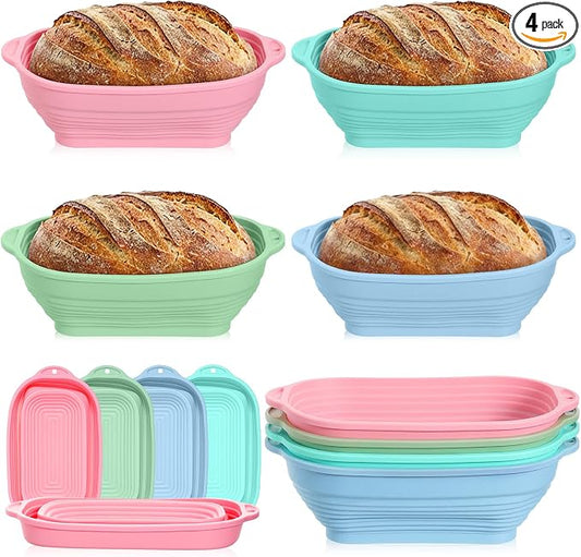 4 PCS 10 Inch Silicone Banneton Bread Proofing Baskets, Bread Proofing Bowl | Oval Sourdough Breads Baking Supplies with Double Ear Handles Foldable Oven Safe-BPA Free