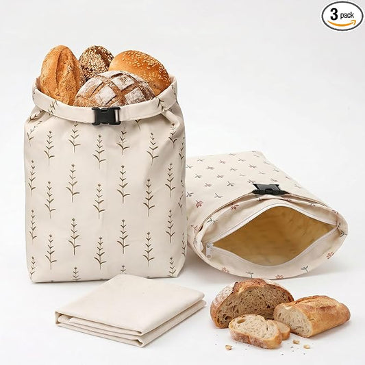 Pack of 2 XL Beeswax Bread Bags with 1 sordough Cloth, Zipper Reusable Cotton Linen Bread Bags for Homemade Bread Storage, Natural Beeswax Bread Bag, Freezer Safe Ecofriendly Bread Keeper