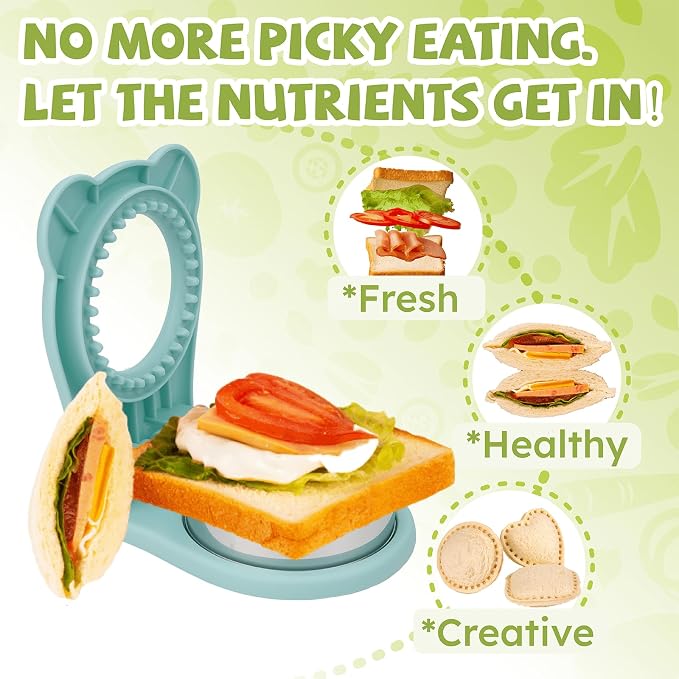 LEPCY Uncrustables Sandwich Maker Sealer Cutter, Crustless Sandwich Cutter, PB&J Uncrustable Maker - Green Square Shape + Blue Round Shape