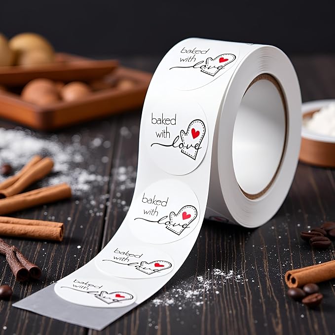 500Pcs/Roll White Baked with Love Adhesive Stickers Round Baking Stickers Bakery Bags Candle Packaging Sticker Labels,Labels and, Indexes and Stamps