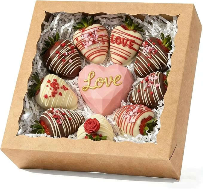 50Pack 9x9x2.5 Inches Kraft Brown Bakery Boxes,Pie Boxes with Clear Window Treat Boxes for Chocolate Strawberries, Pastries, Muffins, Donuts,Cookie,Breakable Heart