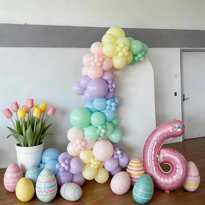 Pastel 6th Birthday Decorations for Girl,Macaron Rainbow 6th Party Decoration Pink Blue Purple Green Yellow Colorful Balloons Banner Star Heart Number 6 Foil Balloon Cake Topper Butterfly Stickers