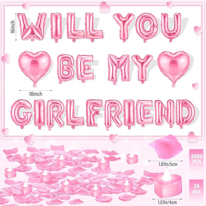 Will You Be My Girlfriend Balloon Proposal Decor 24 LED Flameless Tealight Heart Candle 2000 Artificial Rose Petals Love Balloon for Engagement Wedding Decor Romantic Special Night(Pink)