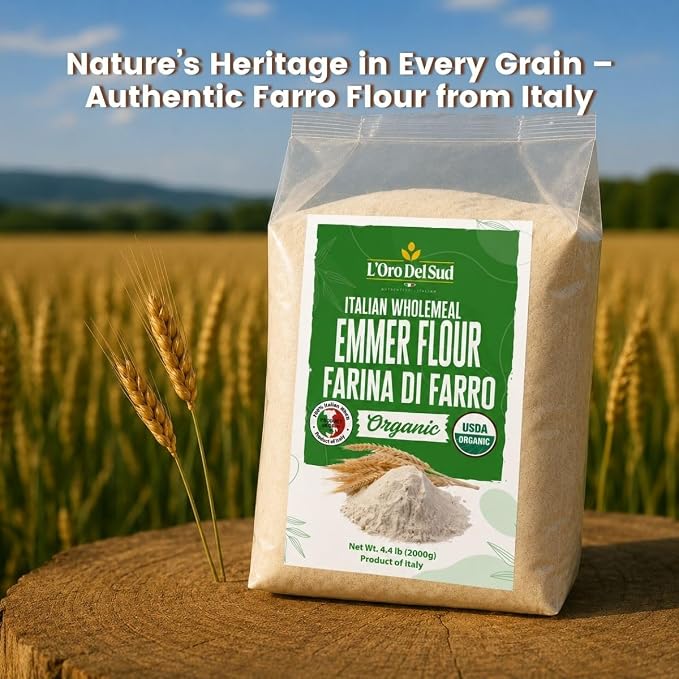 L'Oro Del Sud Organic Farro, Emmer Flour, Stone-Ground, 4.4 lb (2 Kg) | Stone Ground Ancient Grain Flour, USDA Organic, High Fiber, Non-GMO, All-Purpose Flour for Breads, & Pizza, Product of Italy