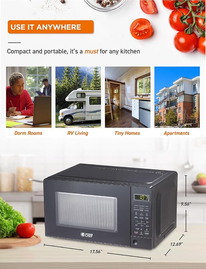 COMMERCIAL CHEF 0.7 Cubic Foot Microwave with 10 Power Levels, Small Microwave with Pull Handle, 700W Countertop Microwave up to 99 Minute Timer and Digital Display, Black