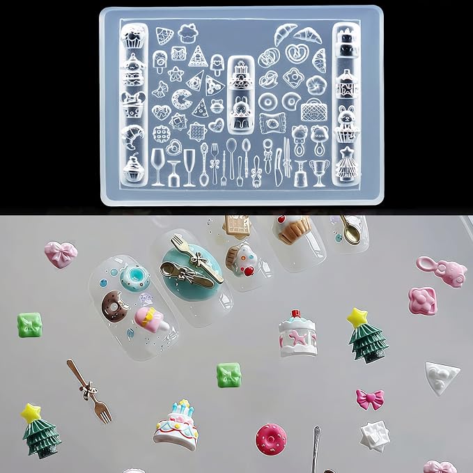3D Nail Art Silicone Mold Dessert Theme, Cute Food Nail Charms Mold for Gel Acrylic Resin, Cake Donut Spoon Fork Bow Nail Decoration Mold, DIY Nail Art Supplies for Salon & Home Use